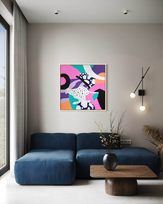 80x80 cm contemporary panther painting displayed in modern interior setting