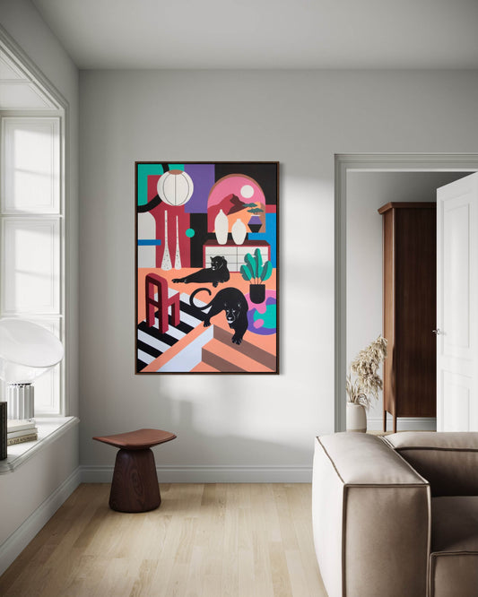 100x120 cm contemporary panther painting displayed in modern interior setting