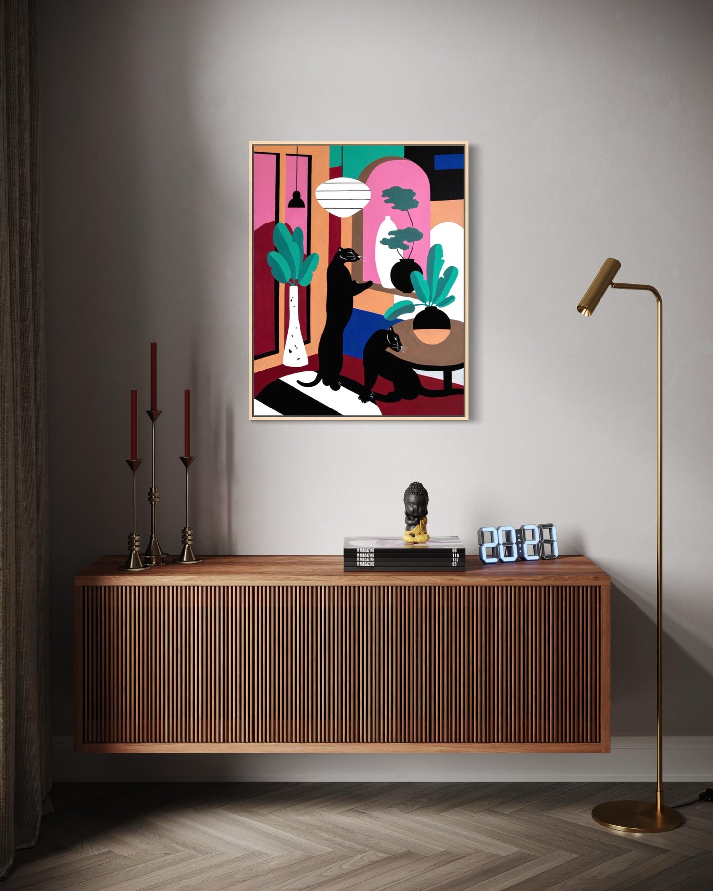 70x90 cm contemporary panther painting displayed in modern interior setting