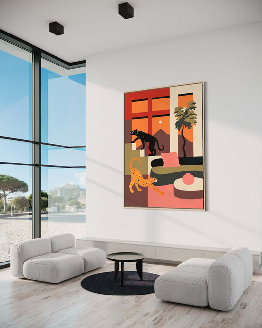 Oversized contemporary panther painting displayed in modern interior setting