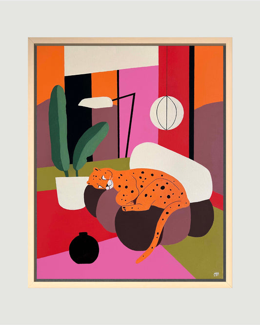 Compact contemporary architectural painting with panther, 40x50 cm original artwork