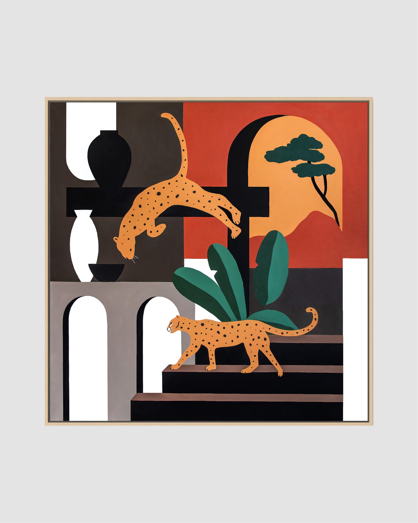 Large contemporary architectural painting with panther, 100x100 cm original artwork