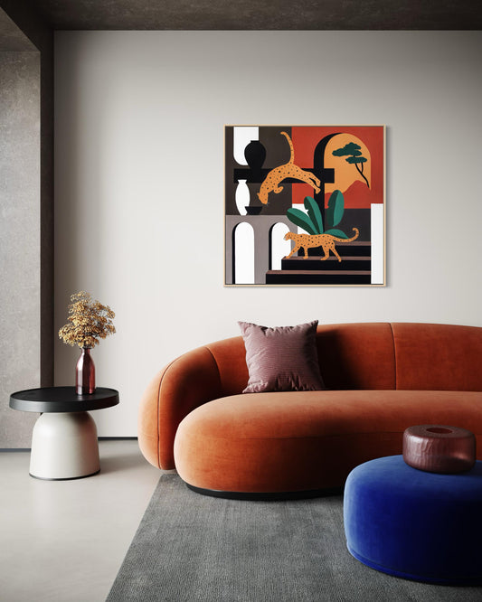 100x100 cm contemporary leopard and panther painting displayed in modern interior setting