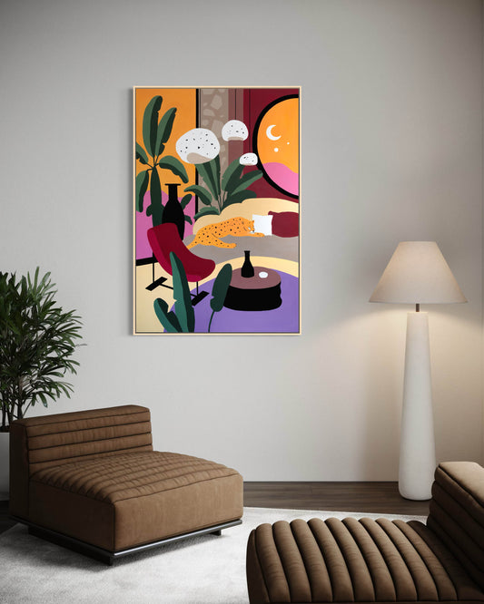 100x150 cm contemporary panther painting displayed in modern interior setting