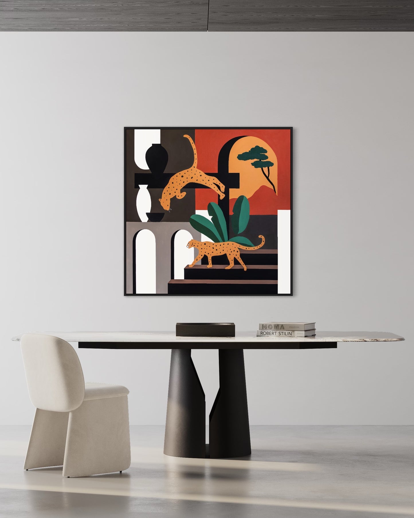 100x100 cm contemporary panther painting displayed in modern interior setting