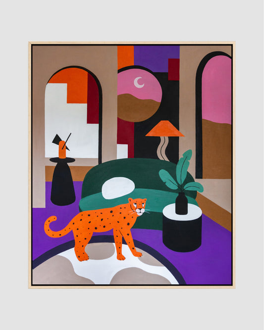 Large contemporary architectural painting with panther, 70x100 cm original artwork