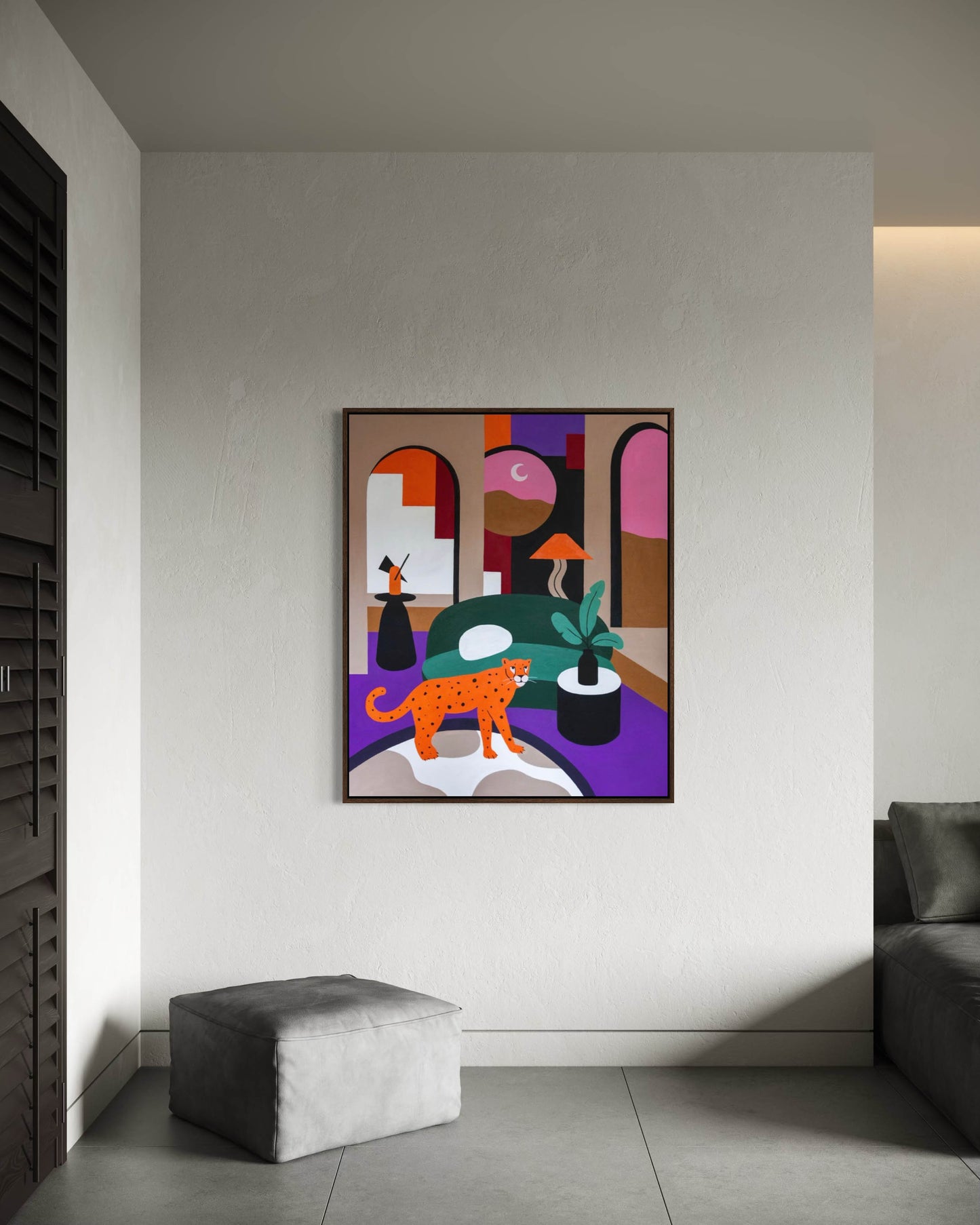 100x120 cm contemporary panther painting displayed in modern interior setting