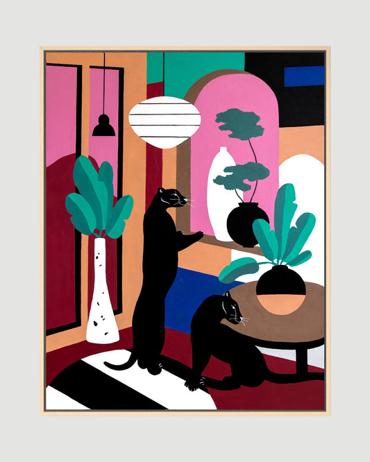 Contemporary architectural painting with panther, 70x90 cm original artwork