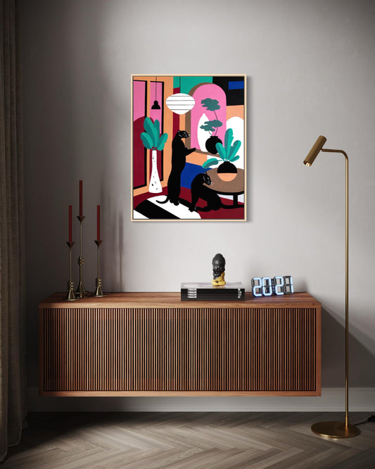70x90 cm contemporary panther painting displayed in modern interior setting
