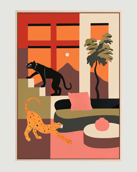 Oversized contemporary architectural painting with panther, 140x200 cm original artwork